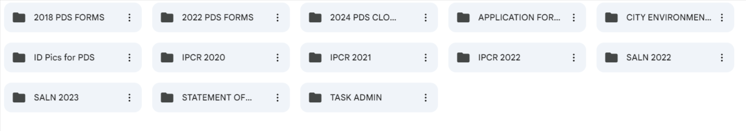 Folder tree organized by year and form type, names redacted